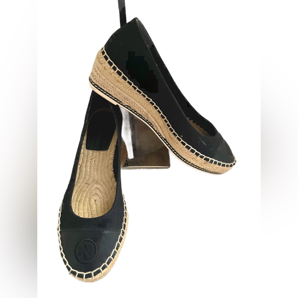 🔥🔥Tory Burch Black Leather & Fabric Wedge Heels Shoes 6.5 M / Mint Condition!